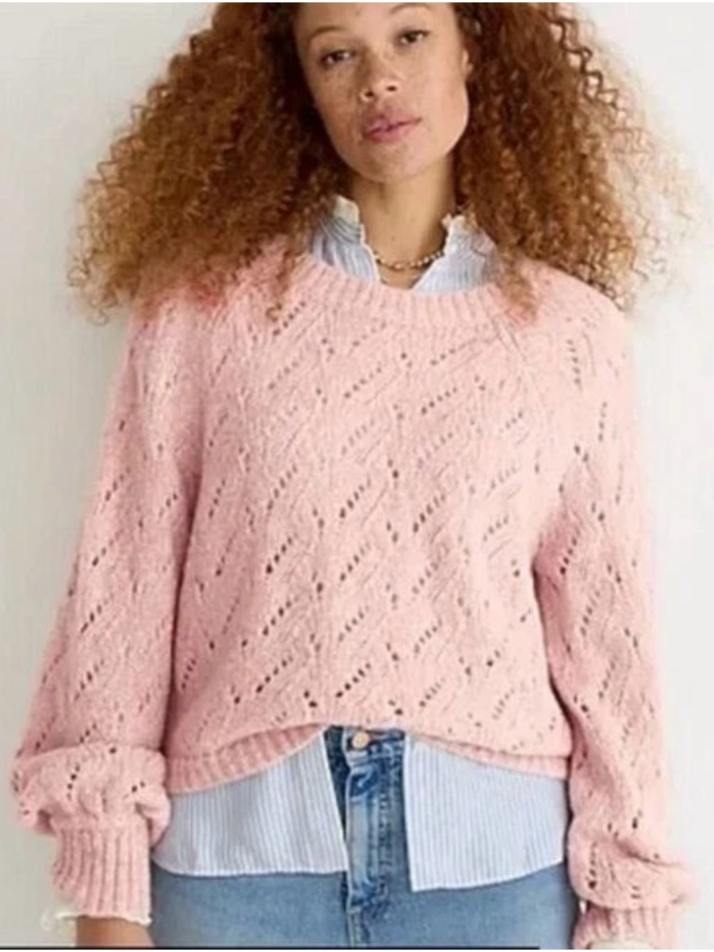 J.Crew Pink Pointelle Knit Sweater Size M Cozy Balloon Sleeve Pullover